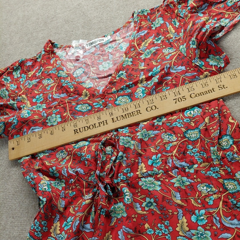 Temofon Womens Red Floral V-neckline Dress Size Medium Light Resort Holiday Chic - Picture 12 of 16